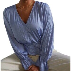 Anthropologie Blouse S Blue Satin Cinched Button Smocked Balloon Sleeve Peasant